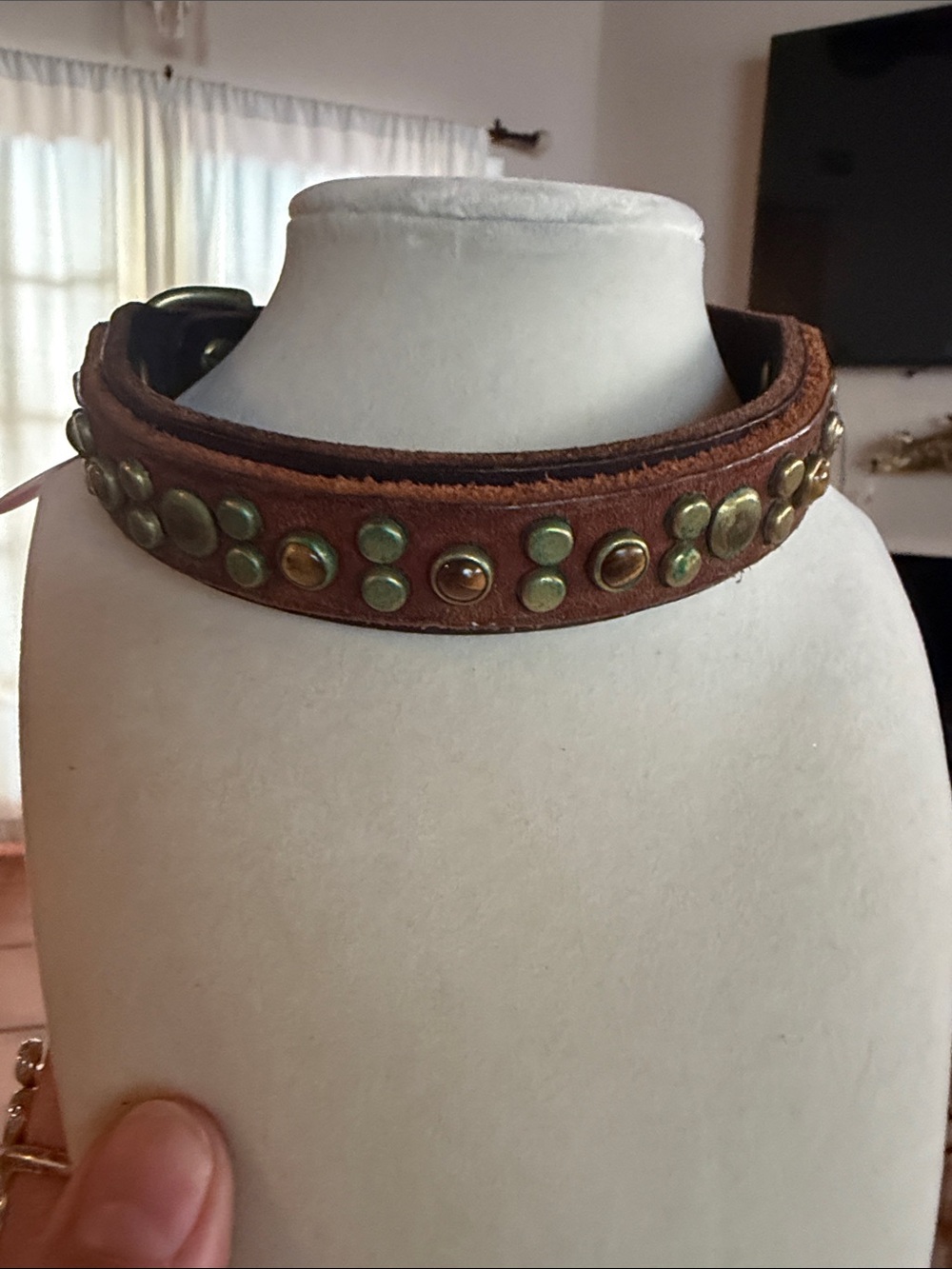 Tigers eye leather stud detail dog collar